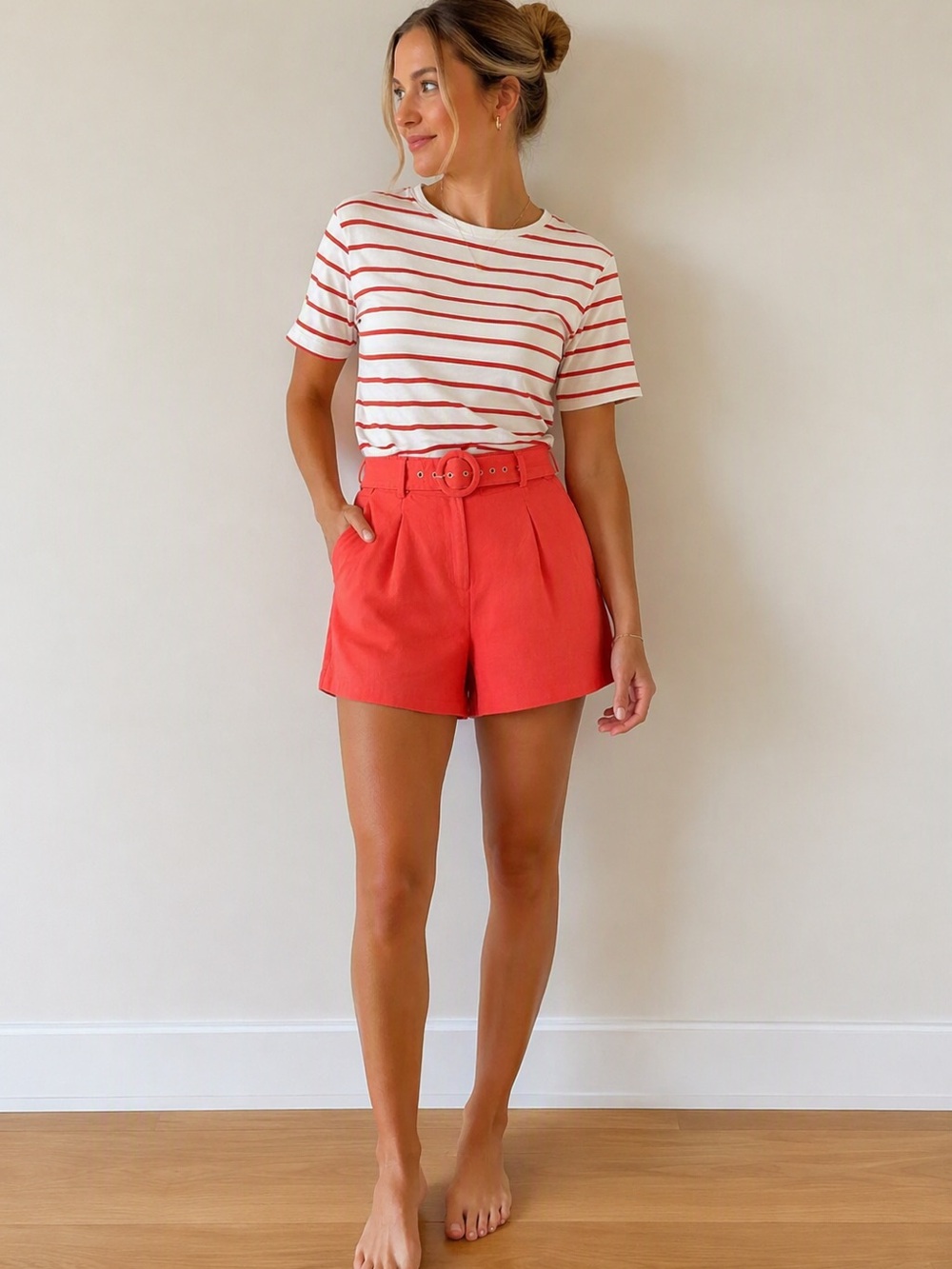 Banana Republic High-Waist Belted Women's Shorts with t shirt - Coral Red/white
